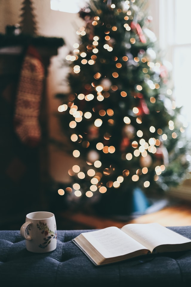 A book, tree, and mug in front of a fireplace